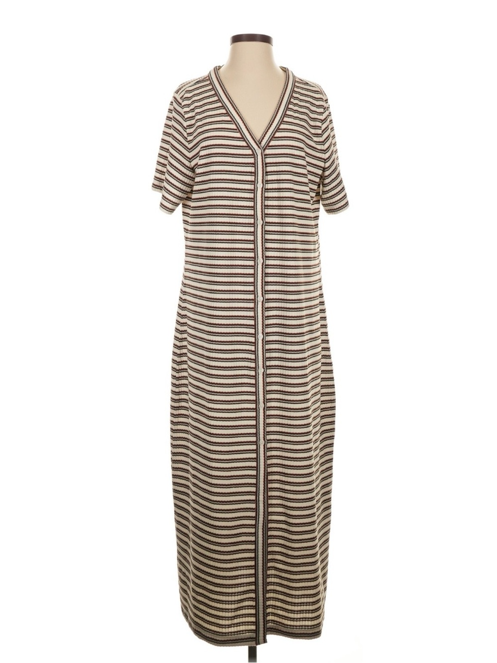 LOFT Striped V-Neck Short Sleeve Maxi Dress in Cream, Brown and Black